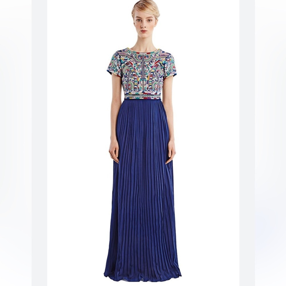 Candela Arabella Dress Navy Embroidered Pleated Open Back